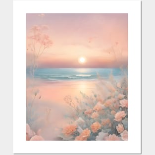 Pastel Floral Beach Sunset Posters and Art